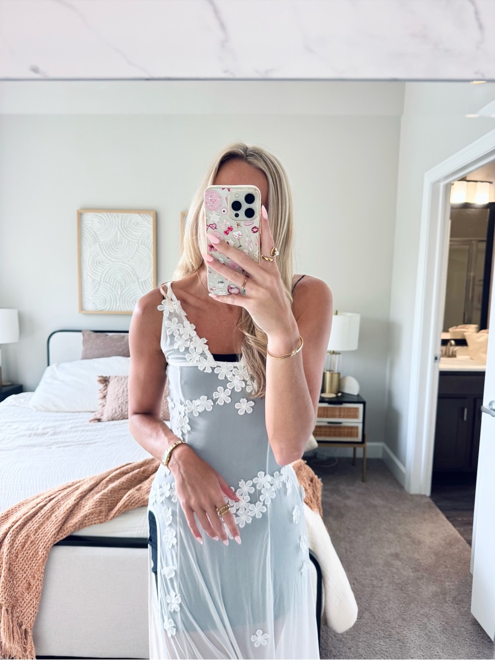 Floral Applique Sheer White Mesh Maxi Swim Cover-Up Dress